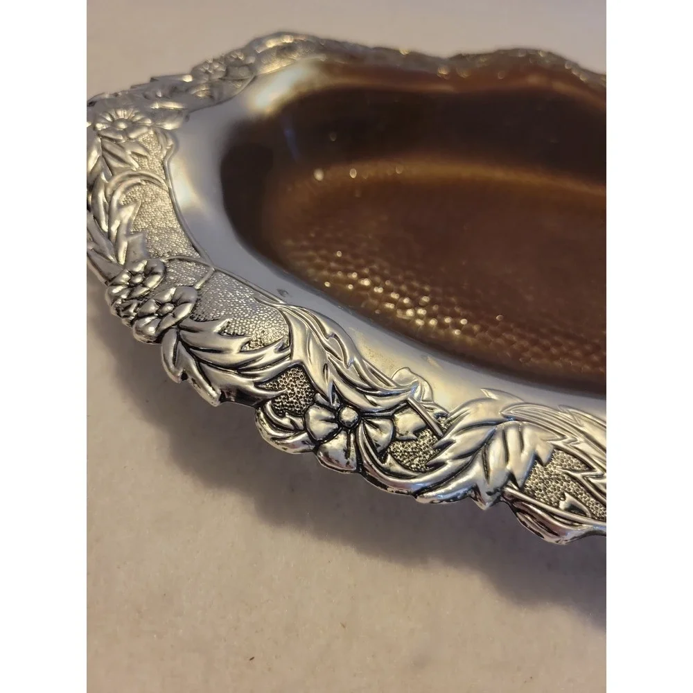 Vintage Silver Rich‎ Brand Plastic Serving Bowl Silver Tone Floral Brown Insert
